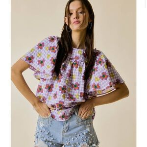 NWT Floral Heart Print Short Sleeve Puff Ruffle Top Size Medium